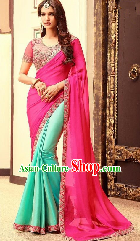 Indian Traditional Court Rosy Veil Sari Dress Asian India Princess Bollywood Embroidered Costume for Women