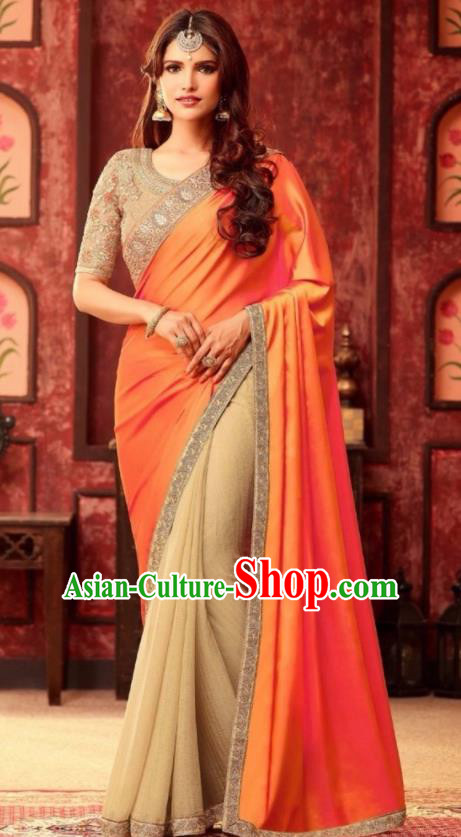 Indian Traditional Court Orange Sari Dress Asian India Princess Bollywood Embroidered Costume for Women