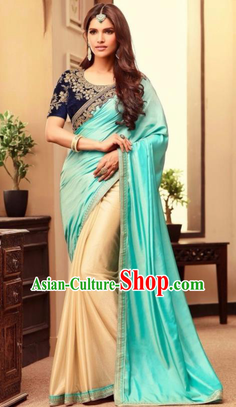 Indian Traditional Court Blue Sari Dress Asian India Princess Bollywood Embroidered Costume for Women