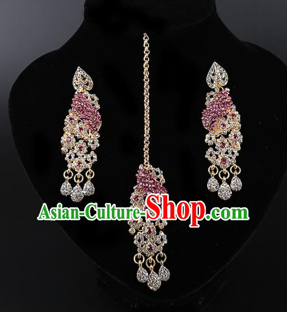 Asian India Traditional Wedding Jewelry Accessories Indian Bollywood Purple Crystal Earrings and Eyebrows Pendant for Women
