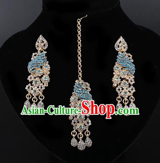 Asian India Traditional Wedding Jewelry Accessories Indian Bollywood Blue Crystal Earrings and Eyebrows Pendant for Women