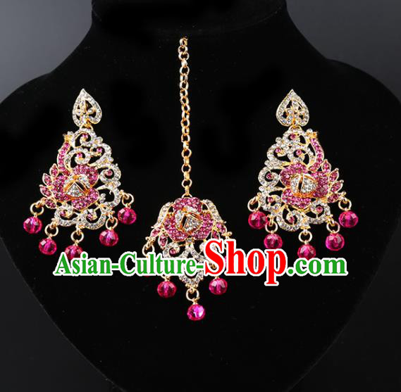 Asian India Traditional Wedding Jewelry Accessories Indian Bollywood Rosy Crystal Tassel Earrings and Eyebrows Pendant for Women