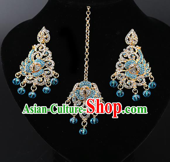 Asian India Traditional Wedding Jewelry Accessories Indian Bollywood Blue Crystal Tassel Earrings and Eyebrows Pendant for Women