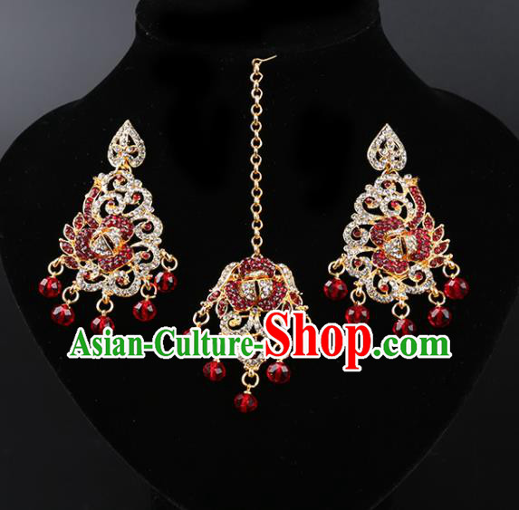 Asian India Traditional Wedding Jewelry Accessories Indian Bollywood Red Crystal Tassel Earrings and Eyebrows Pendant for Women