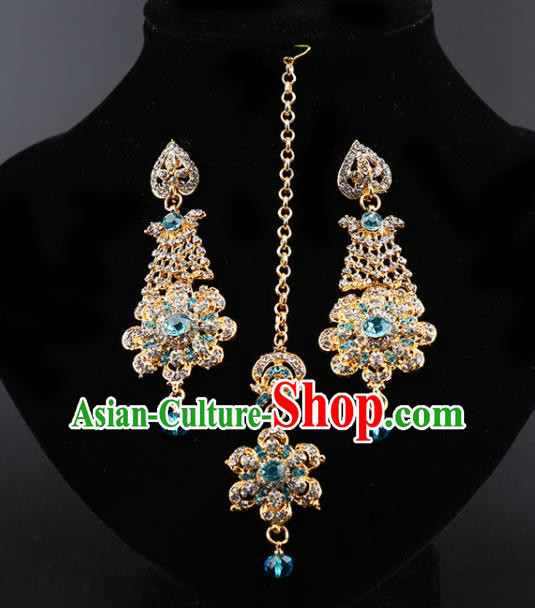 India Traditional Wedding Jewelry Accessories Indian Bollywood Blue Crystal Tassel Earrings and Eyebrows Pendant for Women