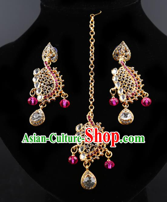 Indian Bollywood Wedding Rosy Crystal Earrings and Eyebrows Pendant India Traditional Court Princess Jewelry Accessories for Women