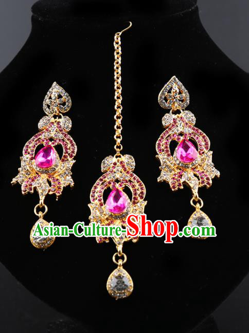 Indian Traditional Wedding Pink Crystal Earrings and Eyebrows Pendant India Bollywood Court Princess Jewelry Accessories for Women
