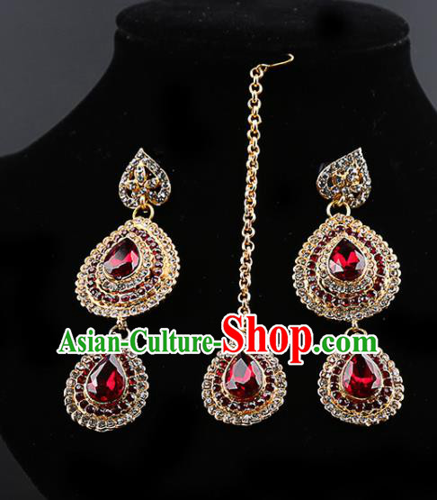 Indian Traditional Bollywood Red Crystal Earrings and Eyebrows Pendant India Court Princess Jewelry Accessories for Women