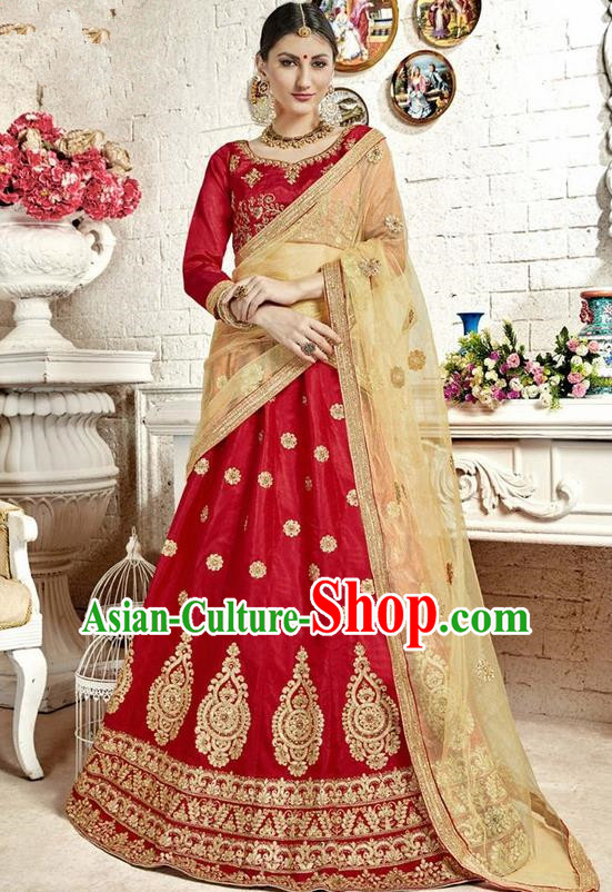 Asian India Traditional Bride Embroidered Red Sari Dress Indian Bollywood Court Queen Costume for Women