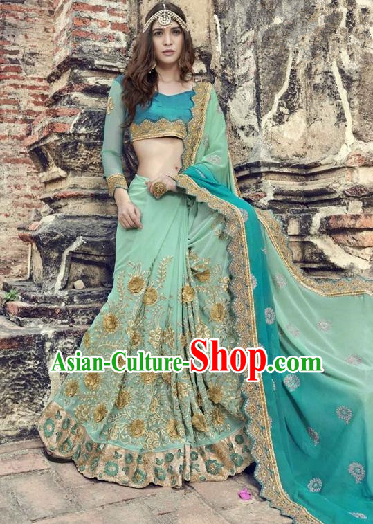 Asian India Traditional Court Princess Embroidered Green Sari Dress Indian Bollywood Bride Costume Complete Set for Women