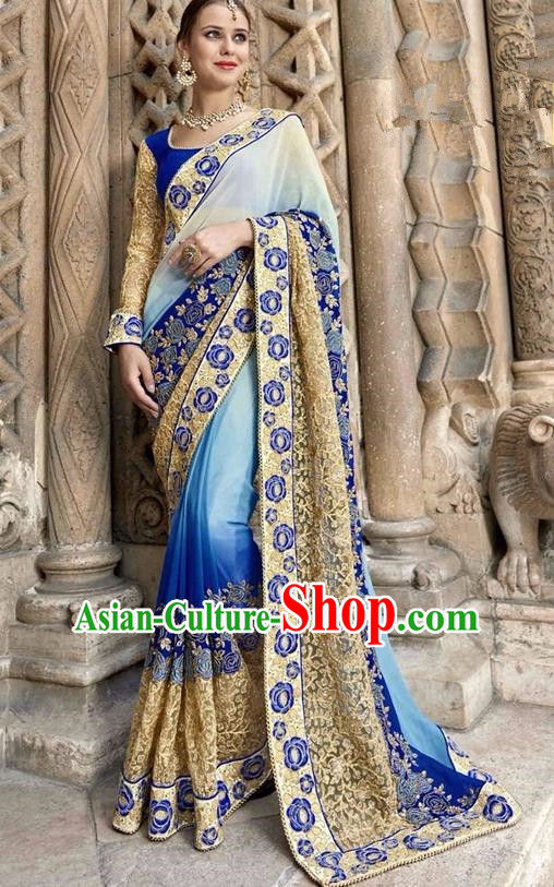 Asian India Traditional Court Princess Embroidered Blue Sari Dress Indian Bollywood Bride Costume for Women