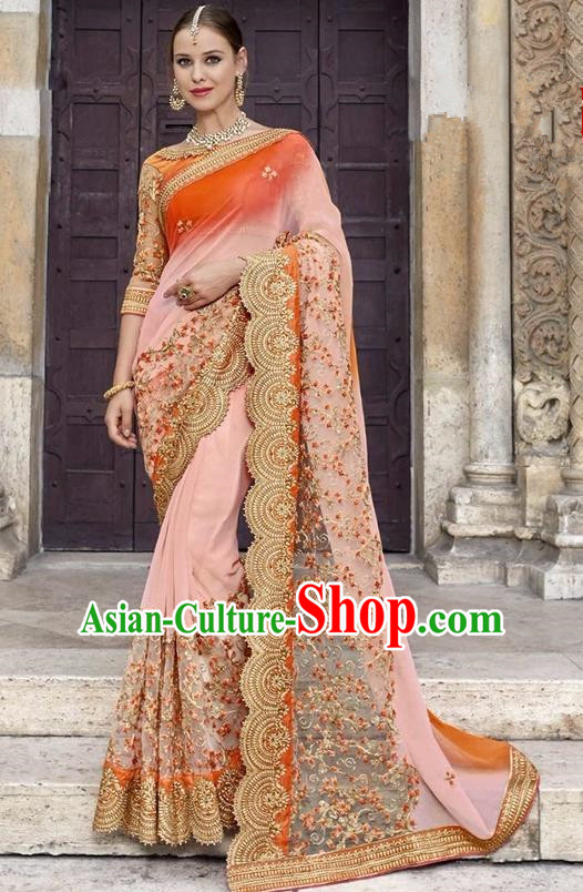 Asian India Traditional Court Princess Embroidered Pink Sari Dress Indian Bollywood Bride Costume for Women