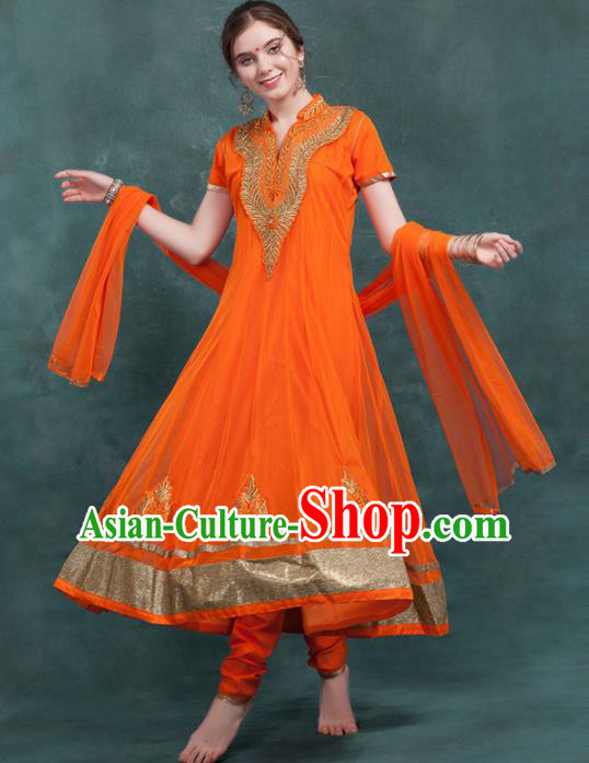 South Asian India Traditional Orange Dress Costume Asia Indian National Punjabi Suit for Women