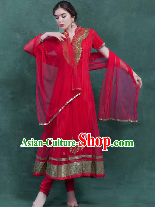South Asian India Traditional Rosy Veil Dress Costume Asia Indian National Punjabi Suit for Women
