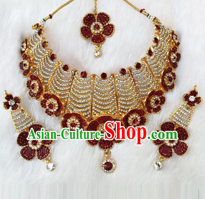 South Asian India Traditional Jewelry Accessories Indian Bollywood Wine Red Crystal Necklace Earrings Hair Clasp for Women