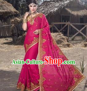 Asian India Traditional Rosy Veil Sari Dress Indian Court Princess Bollywood Embroidered Costume for Women
