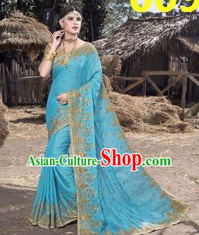 Asian India Traditional Light Blue Sari Dress Indian Court Princess Bollywood Embroidered Costume for Women