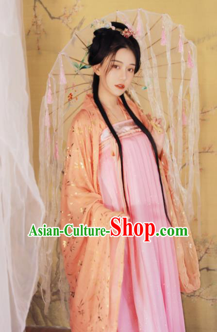 Ancient Chinese Tang Dynasty Peri Princess Historical Costume Traditional Court Pink Hanfu Dress for Women