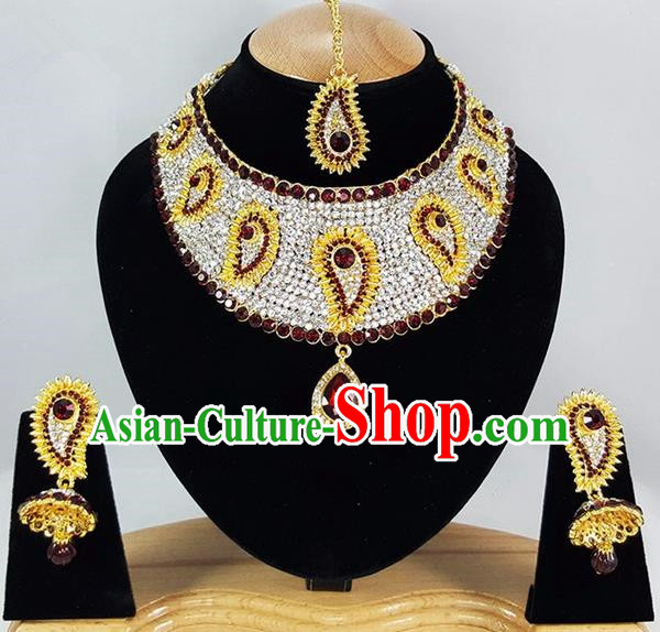 Indian Traditional Bollywood Court Red Crystal Necklace Earrings and Eyebrows Pendant India Princess Jewelry Accessories for Women