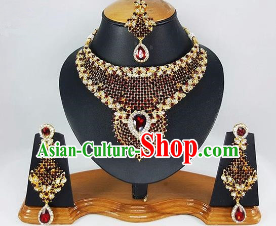 Indian Traditional Bollywood Court Red Gem Necklace Earrings and Eyebrows Pendant India Princess Jewelry Accessories for Women