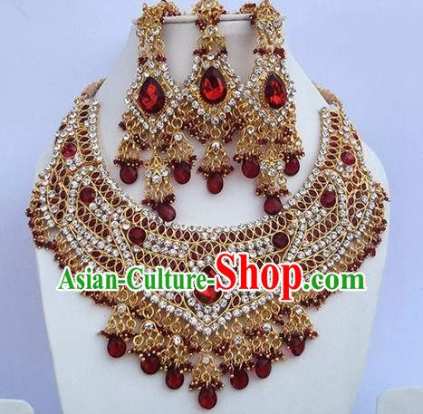 Indian Traditional Bollywood Red Crystal Tassel Necklace Earrings and Eyebrows Pendant India Princess Jewelry Accessories for Women