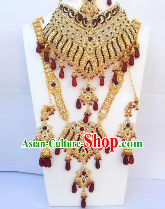 Traditional Indian Wedding Jewelry Accessories Bollywood Court Princess Red Beads Necklace Earrings and Hair Clasp for Women