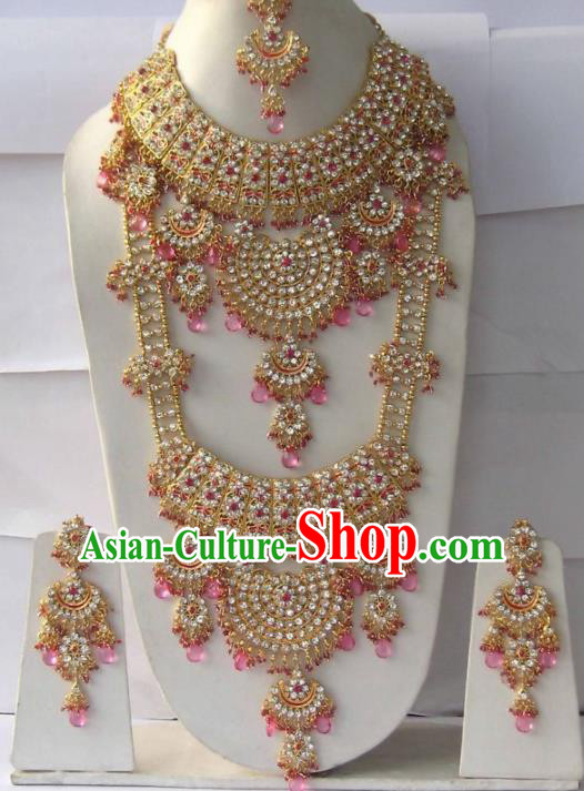 Traditional Indian Wedding Jewelry Accessories Bollywood Pink Beads Necklace Earrings and Hair Clasp for Women
