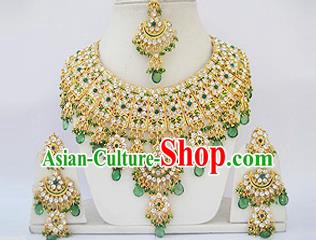 Traditional Indian Wedding Accessories Bollywood Princess Green Beads Necklace Earrings and Hair Clasp for Women