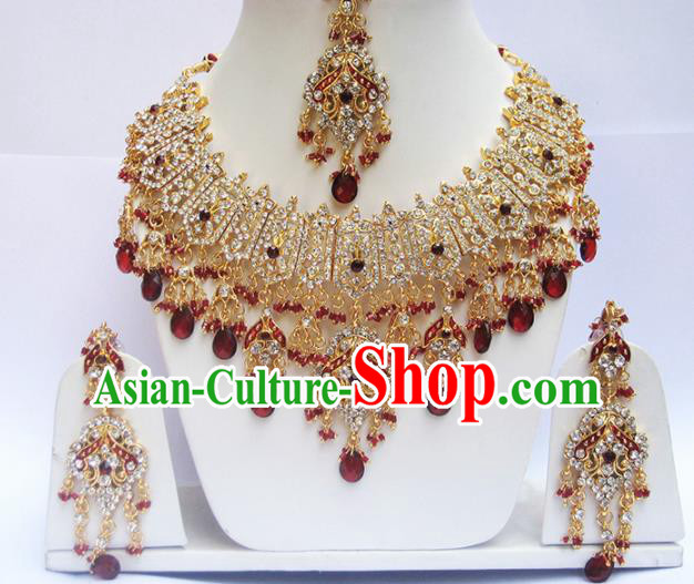Traditional Indian Wedding Red Beads Accessories Bollywood Princess Necklace Earrings and Hair Clasp for Women