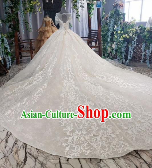 Top Grade Customize Bride Embroidered Champagne Trailing Full Dress Court Princess Wedding Costume for Women