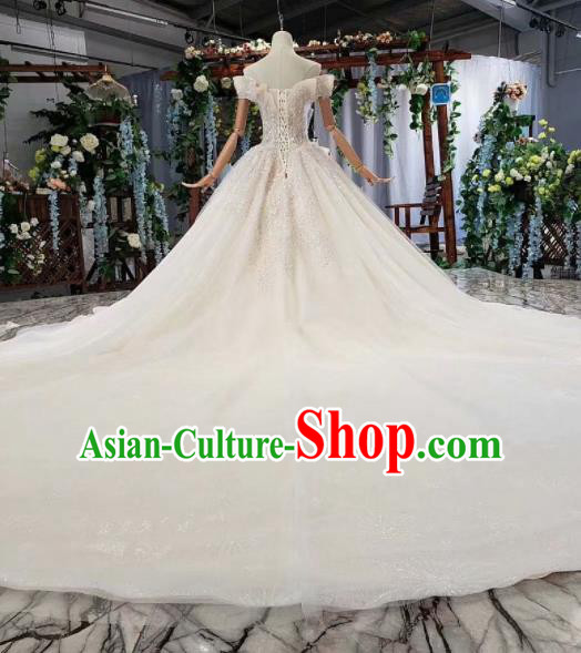 Top Grade Customize Bride Flat Shouders Trailing Full Dress Court Princess Wedding Costume for Women