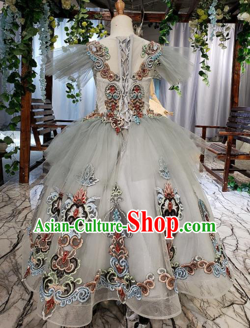 Top Grade Customize Embroidered Grey Veil Full Dress Court Princess Waltz Dance Costume for Women