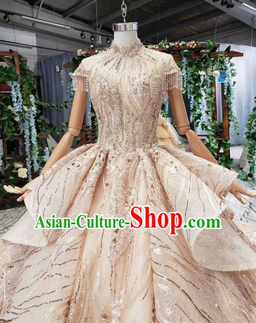 Top Grade Customize Bride Champagne Lace Trailing Full Dress Court Princess Wedding Costume for Women
