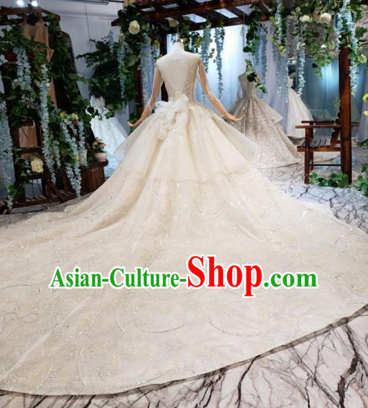 Top Grade Customize Bride Beige Veil Trailing Full Dress Court Princess Wedding Costume for Women
