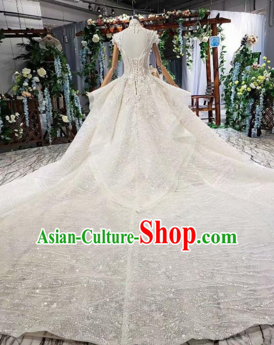 Top Grade Customize Bride White Sequins Trailing Full Dress Court Princess Wedding Costume for Women
