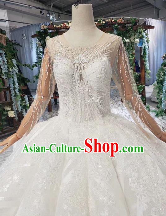 Top Grade Customize Bride Embroidered Beads White Trailing Full Dress Court Princess Wedding Costume for Women