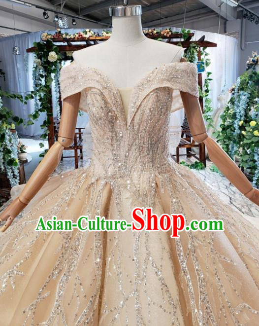 Top Grade Customize Bride Embroidered Champagne Veil Trailing Full Dress Court Princess Wedding Costume for Women