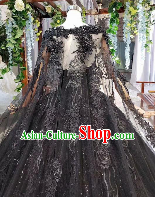 Top Grade Customize Embroidered Black Lace Full Dress Court Princess Waltz Dance Costume for Women