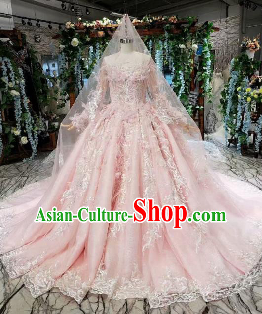 Top Grade Customize Embroidered Pink Feather Full Dress Court Princess Waltz Dance Costume for Women