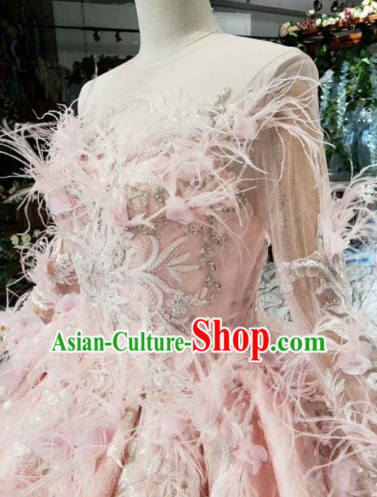 Top Grade Customize Embroidered Pink Feather Full Dress Court Princess Waltz Dance Costume for Women