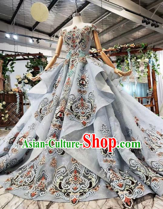 Top Grade Customize Embroidered Blue Trailing Full Dress Court Princess Waltz Dance Costume for Women