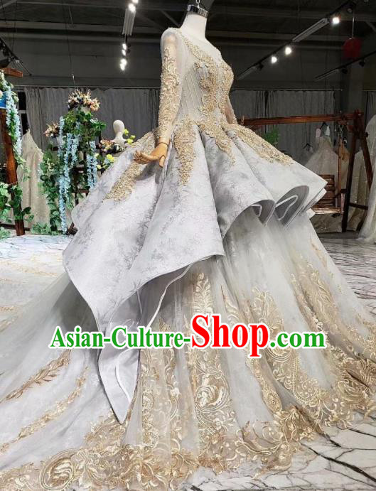 Top Grade Customize Embroidered Grey Trailing Full Dress Court Princess Waltz Dance Costume for Women