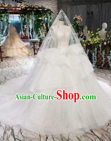 Top Grade Customize Bride White Veil Trailing Full Dress Court Princess Wedding Costume for Women
