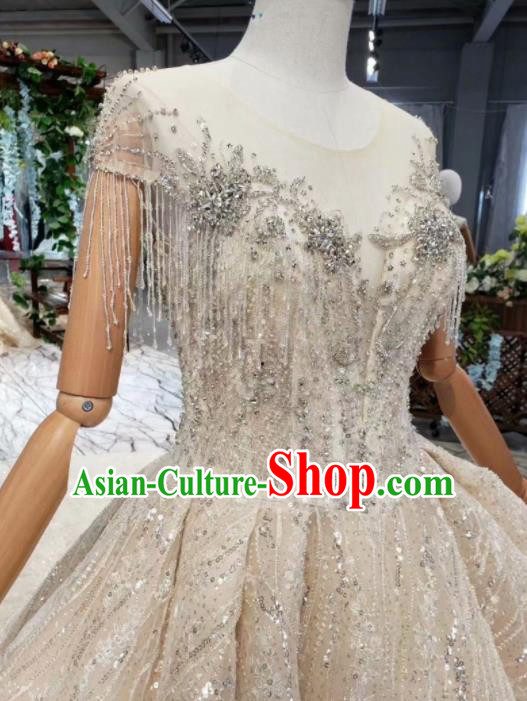 Handmade Customize Bride Champagne Veil Trailing Full Dress Court Princess Wedding Costume for Women