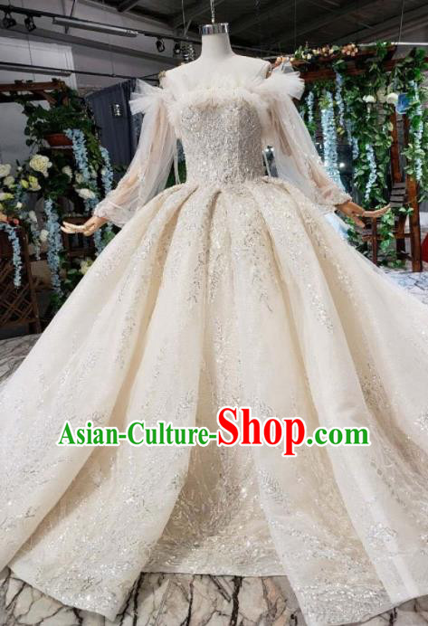 Handmade Customize Bride Embroidered Beige Trailing Full Dress Court Princess Wedding Costume for Women