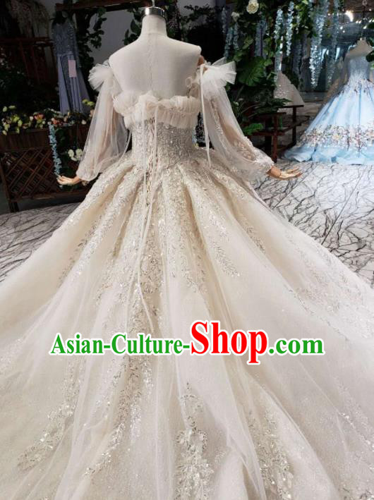 Handmade Customize Bride Embroidered Beige Trailing Full Dress Court Princess Wedding Costume for Women