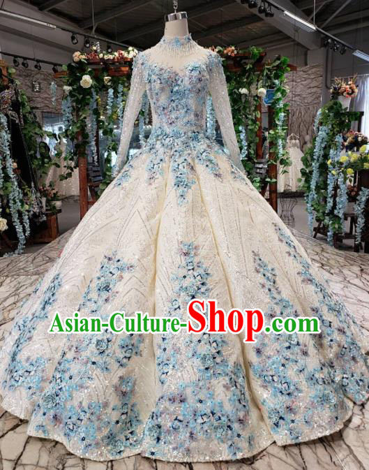 Handmade Customize Bride Embroidered Blue Flowers Trailing Full Dress Court Princess Wedding Costume for Women