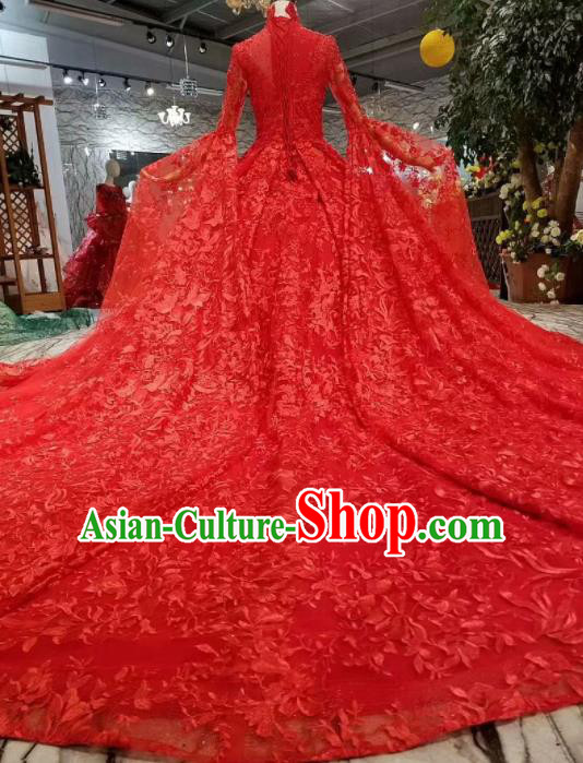 Chinese Customize Court Embroidered Red Lace Trailing Wedding Dress Top Grade Bride Costume for Women