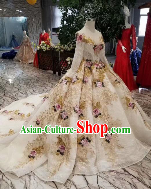 Customize Handmade Princess Embroidered Roses Mullet Dress Wedding Court Bride Costume for Women