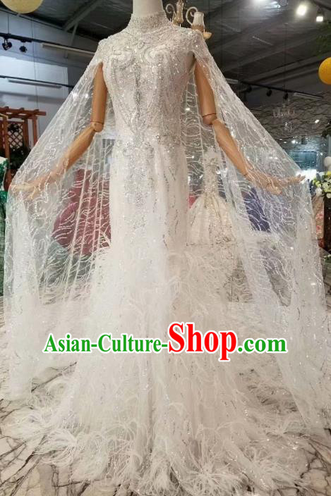 Customize Handmade Princess White feather Fishtail Dress Wedding Court Bride Costume for Women